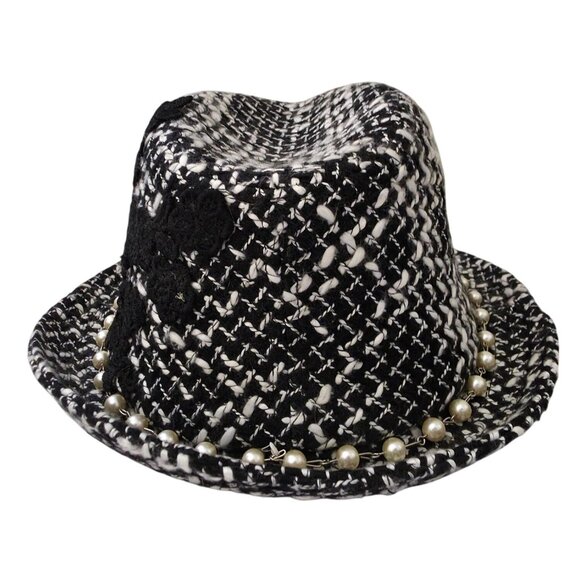 VON ZIPPER Black & White Women's Tweed Fedora w/ Pearl Chain & Lace Accent 6-7/8 - Picture 2 of 9